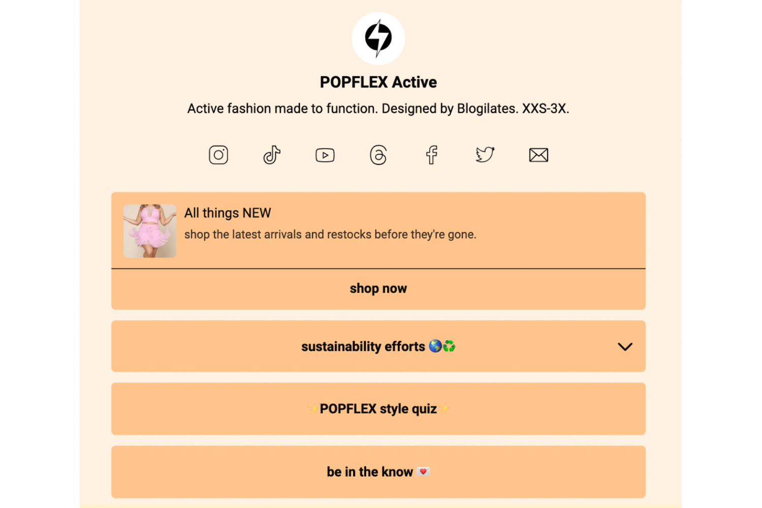 Popflex Link in Bio page links to important pages on website