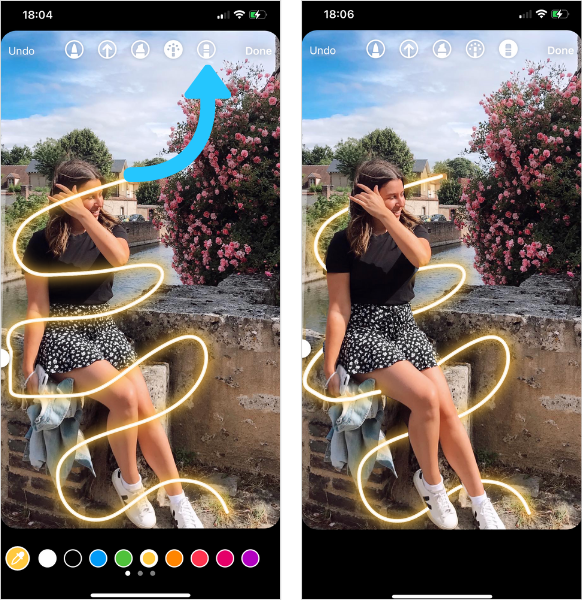 The erase tool removes part of a yellow line drawn on an Instagram story to create a 3D effect 
