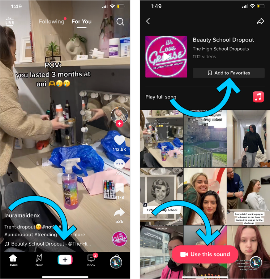 Steps illustrating how to find and use TikTok sounds found on the FYP. 
