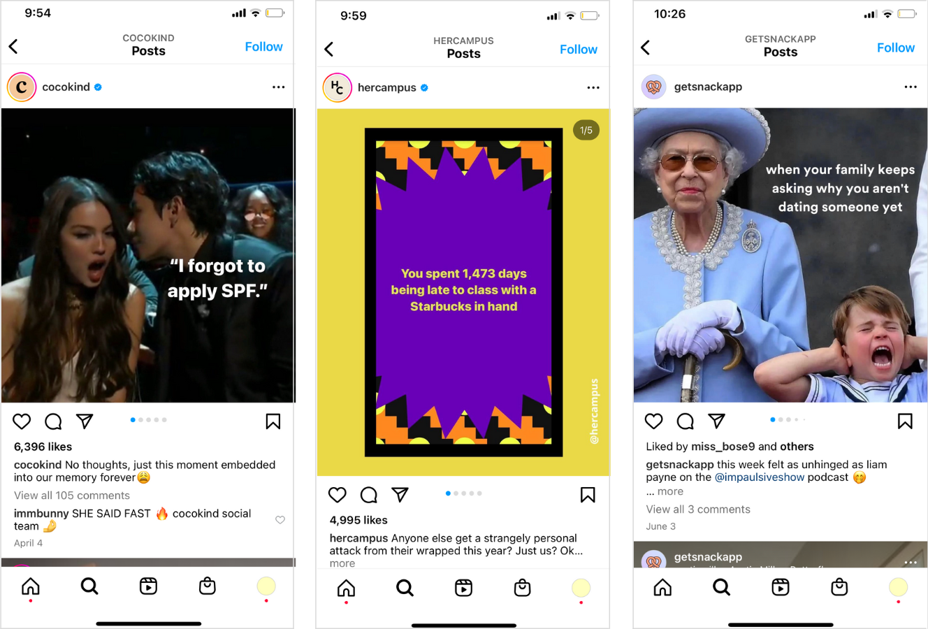 Three instagram accounts sharing pop culture memes.