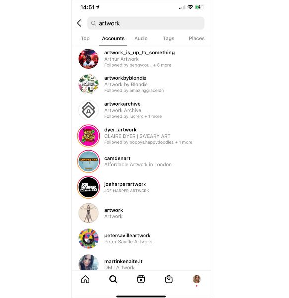 Những người dùng đưa tác phẩm nghệ thuật từ khóa vào tiểu sử Instagram của họ xuất hiện khi người dùng tìm kiếm từ khóa