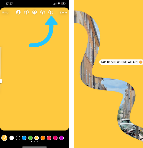 The eraser tool creates a preview of the story under the layer of color added to the Instagram story