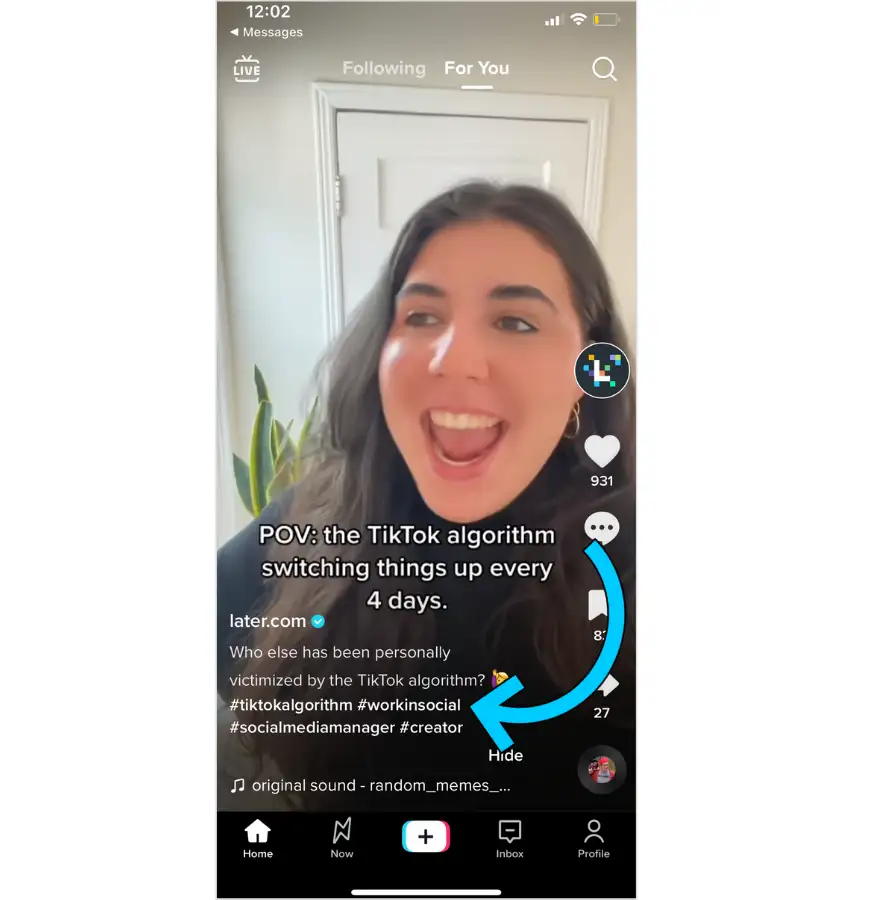 Later TikTok using broad and niche hashtags.