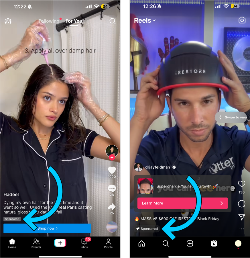 Two examples of influencer content turned paid ads — one TikTok and one Reel. 