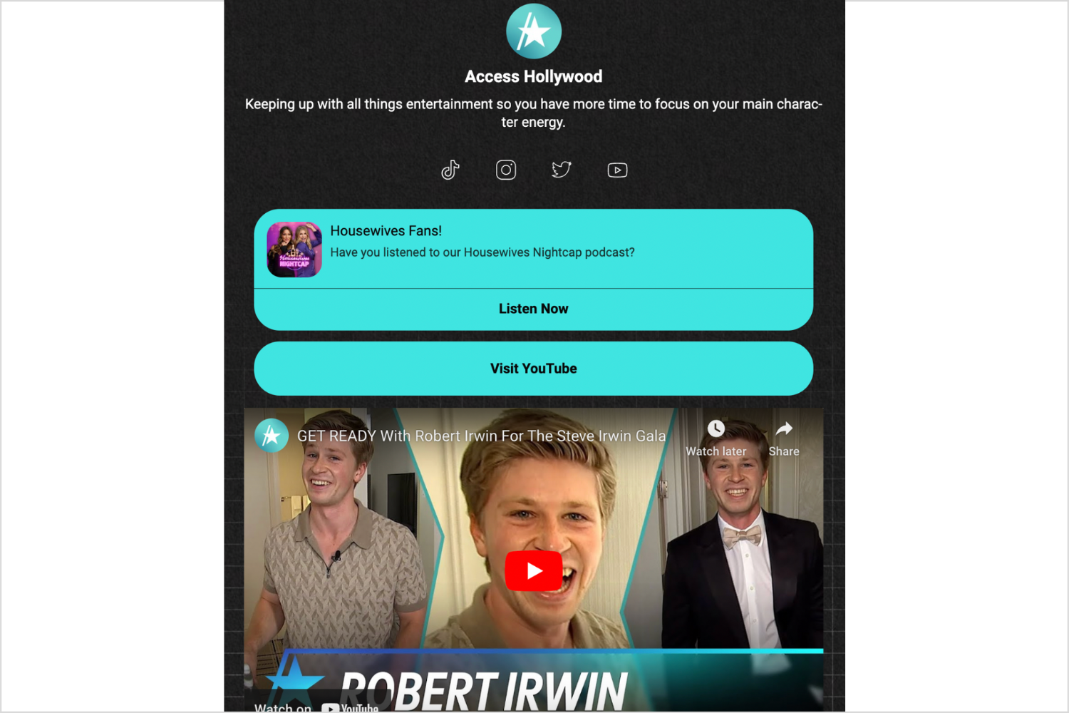 Access Hollywood link in bio page featuring a YouTube video and social links