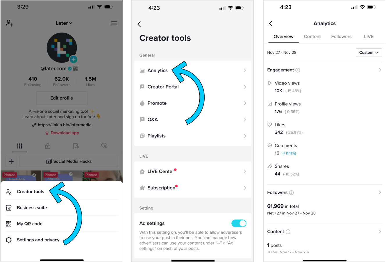 Screenshots showing the steps for discovering your TikTok analytics if you have a Creator account