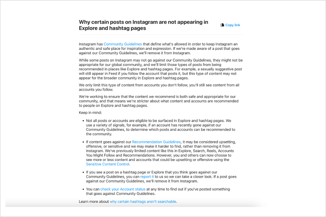 Screenshot of Instagram's Help Center response to "Why certain posts on Instagram are not appearing in Explore and hashtag pages."