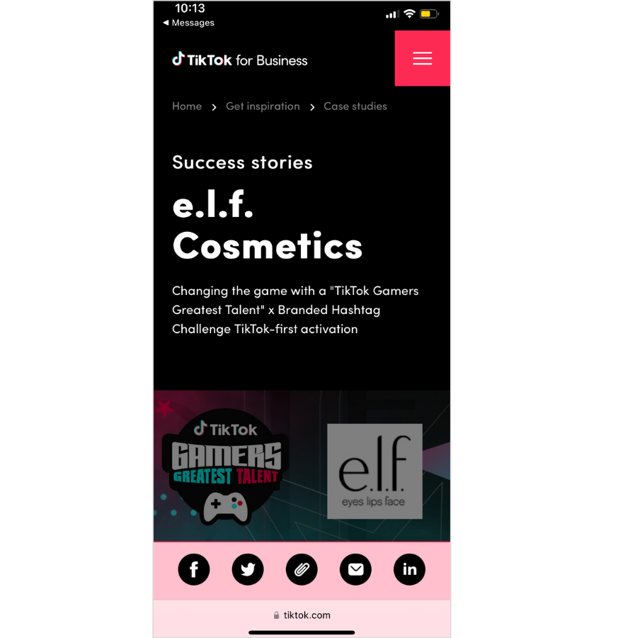 e.l.f. Cosmetics Case Study by TikTok Canada. The text reads "Success stories: e.l.f. Cosmetics — Changing the game with a 'TikTok Gamers Greatest Talent' x Branded Hashtag Challenge TikTok-first activation."