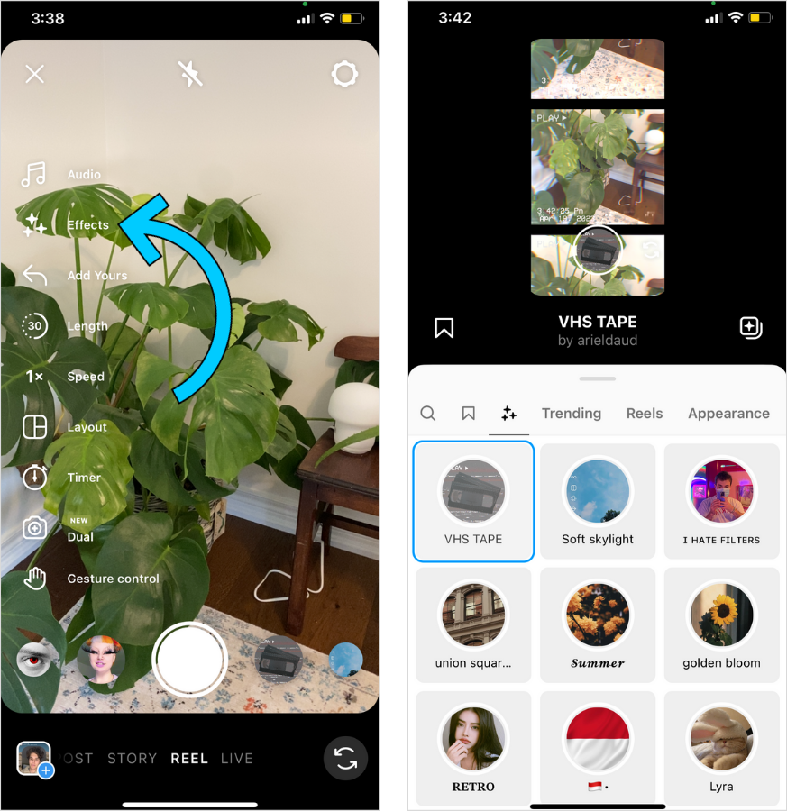 Illustrated steps on how to add effects to an Instagram Reel. 