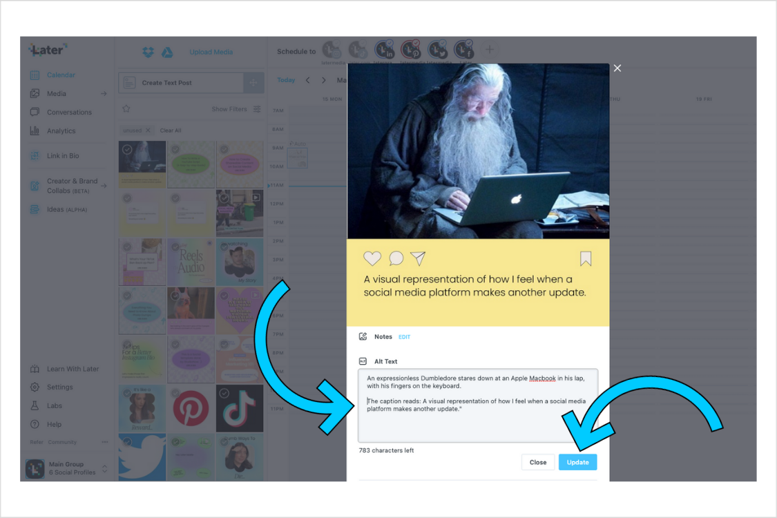 Selected image with arrows pointing to written alt text and "Update" button.