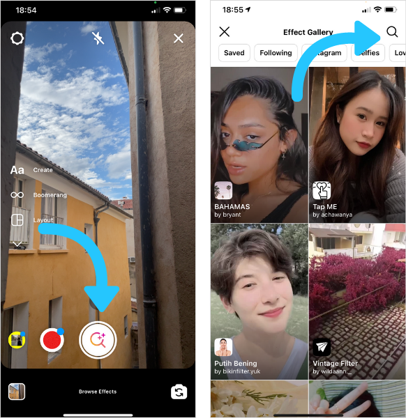 Use the magnifying glass in the Effects Gallery to find Hidden Instagram Story Filters
