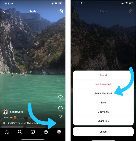 Select the video and tap the three dots. If the user has enabled the Remix feature, can see Remix This Reel.