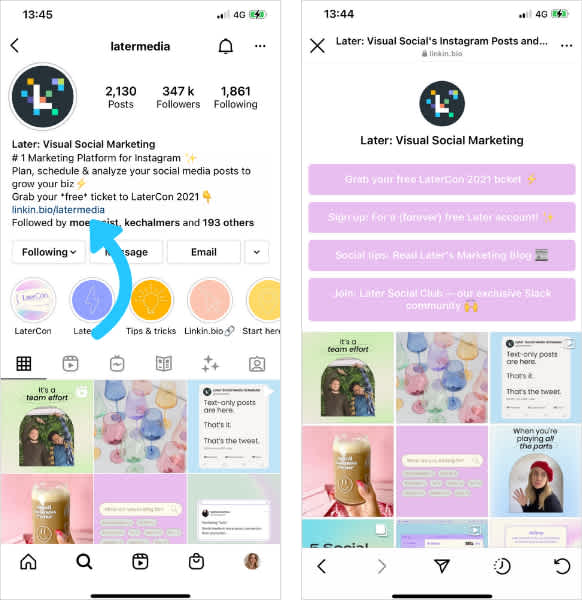 Later Media uses Later link in bio tool on Instagram