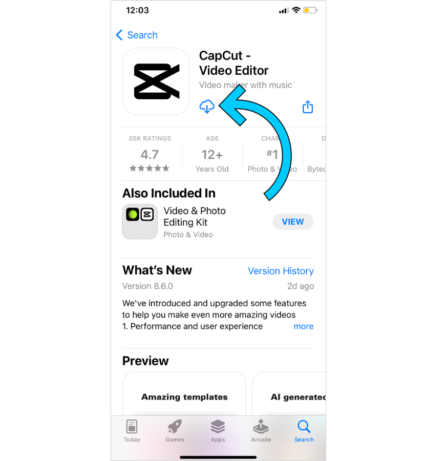 CapCut page on Apple's app store with arrow pointing to download.