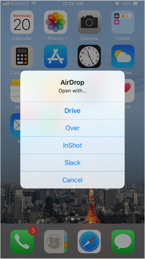 An airdropped font is opened with the app called Over