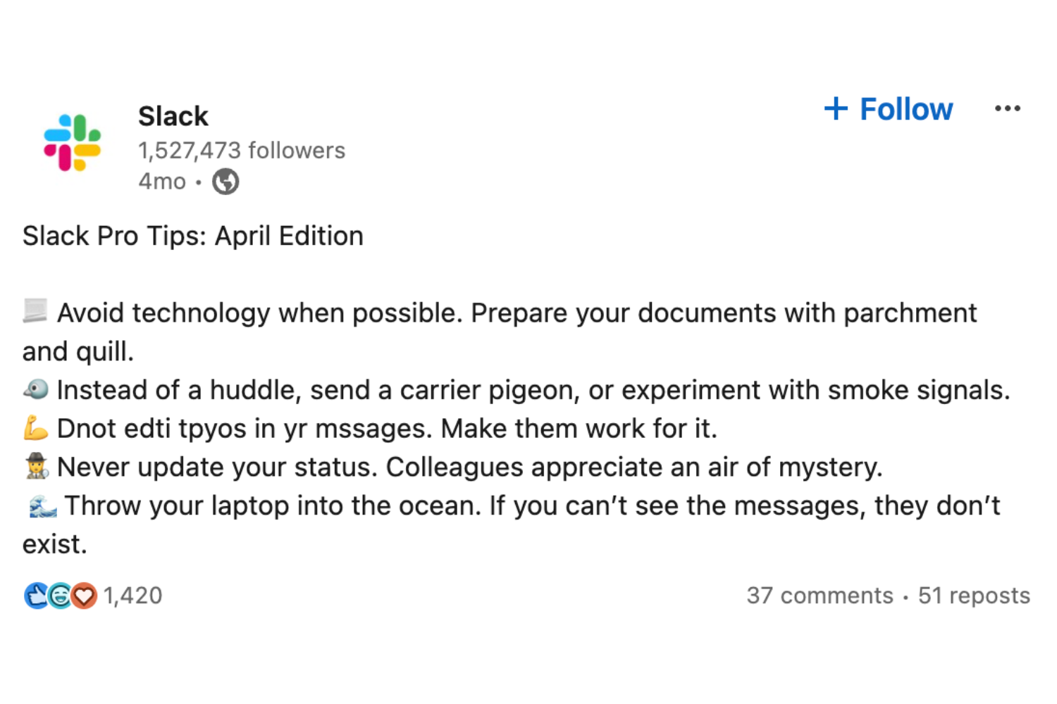 Slack gives five humorous sarcastic pro tips on LinkedIn in April 2024