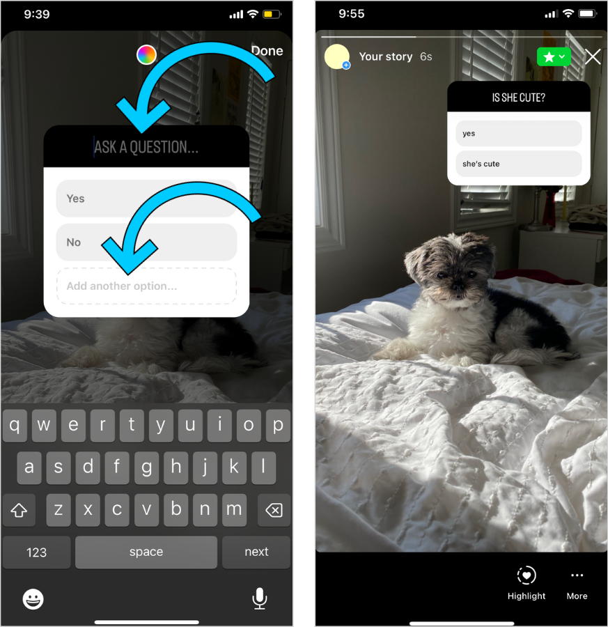 Side by side showing how to add a poll sticker to Instagram Stories. 