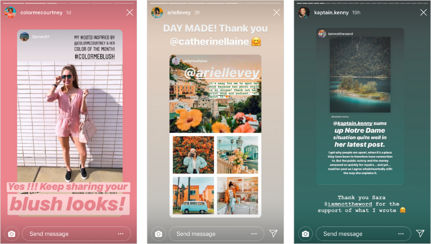 Instagram influencers regularly shout out to their followers who tagged them in a post or story or took inspiration from something they posted or shared on their feed.