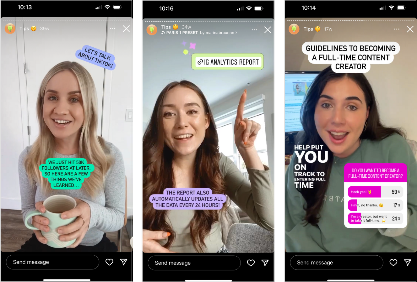 Instagram marketing trends - brand personalities showcasing Lindsay, Christine, and Chantal from Later on our Instagram Stories 
