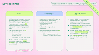 Summarizing key learnings and monthly takeaways