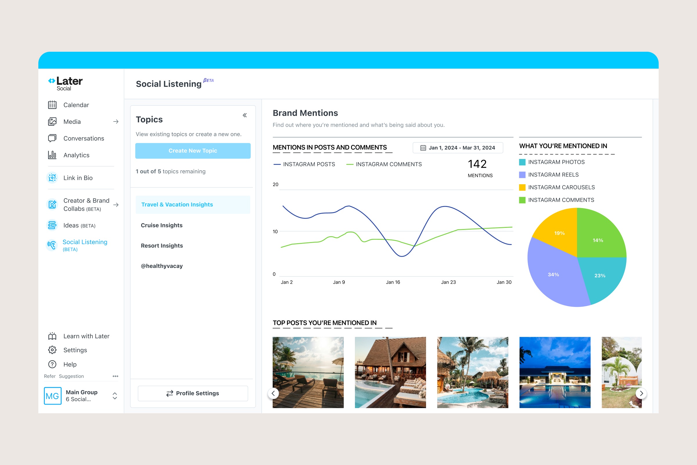Travel brand tracks their mention using Later social listening tool