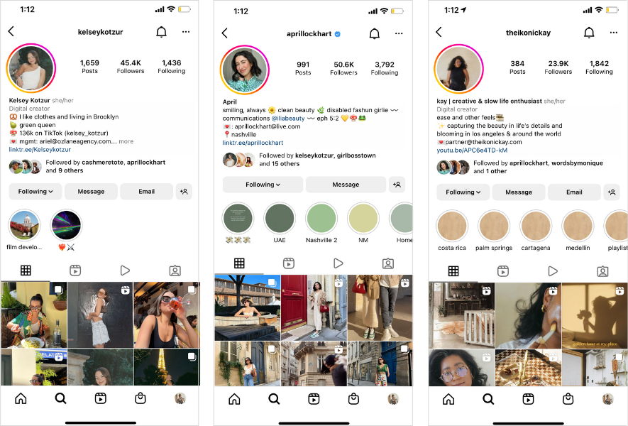 three instagram bios from instagram creators