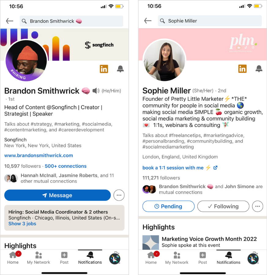 Side by side screenshot of Brandon and Sophie's LinkedIn profiles. 