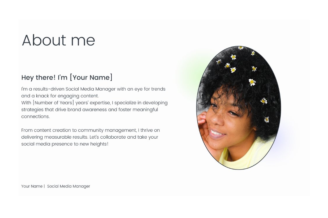 "About Me" social media manager portfolio template. 