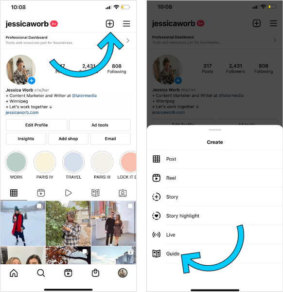 Click the top right corner on your Instagram profile to begin creating an Instagram guide