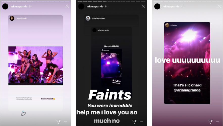  Ariana Grande regularly reposts Instagram Stories to show fan love. This encourages her fans to post her content, tag her, and repost, which helps both her music and her follower count go viral.