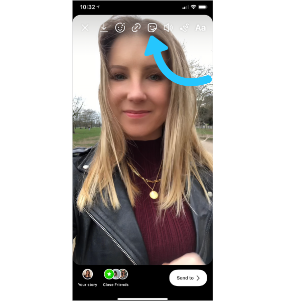 A blue arrow points to the sticker icon in Instagram stories