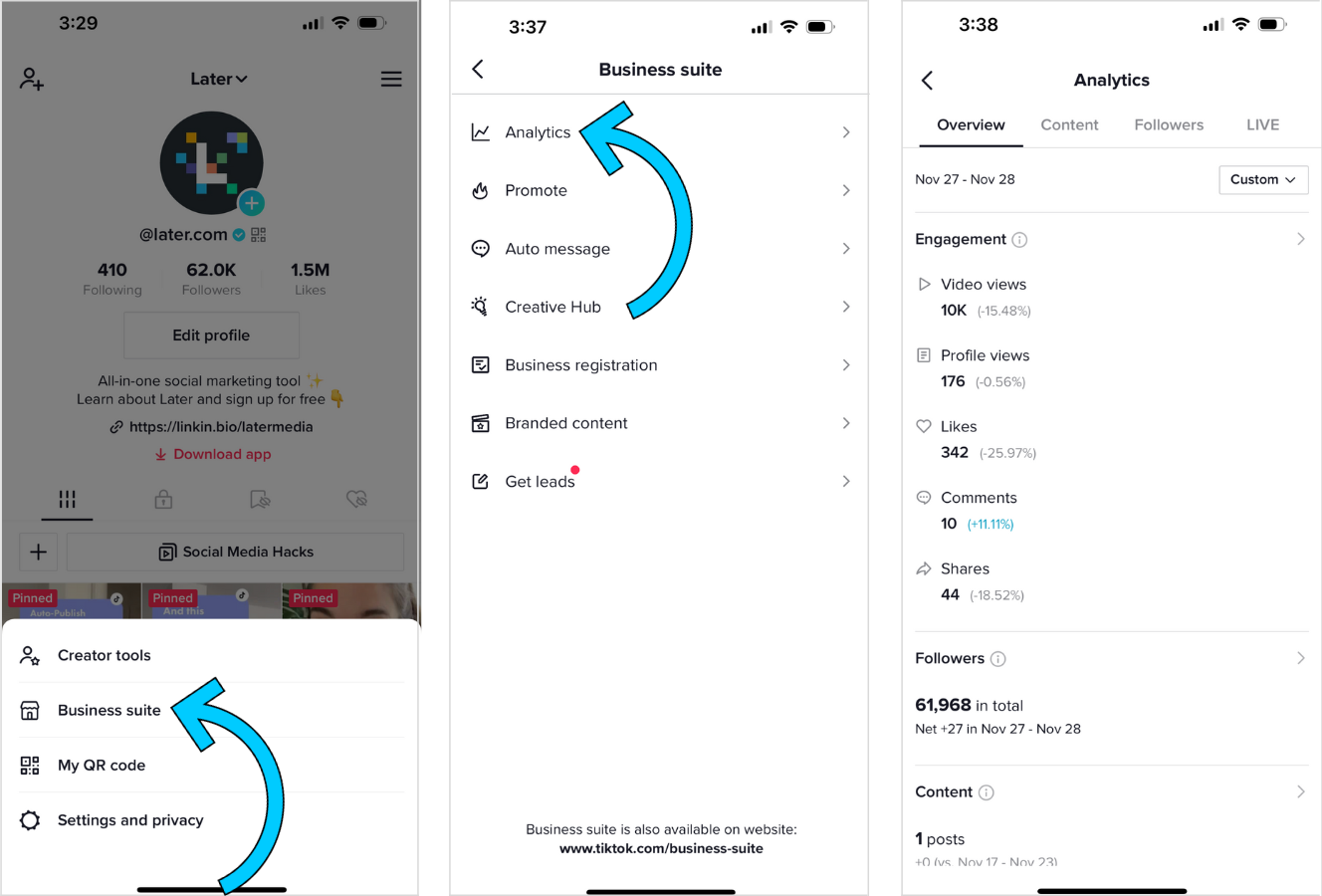 Screenshots showing the steps for discovering your TikTok analytics if you have a Business account