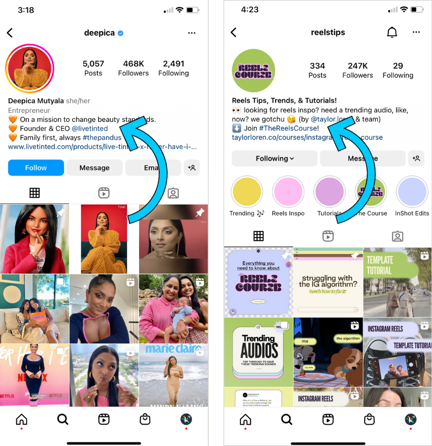 Mobile view of Instagram bio profile: Deepica Mutyala, and Reels Tips