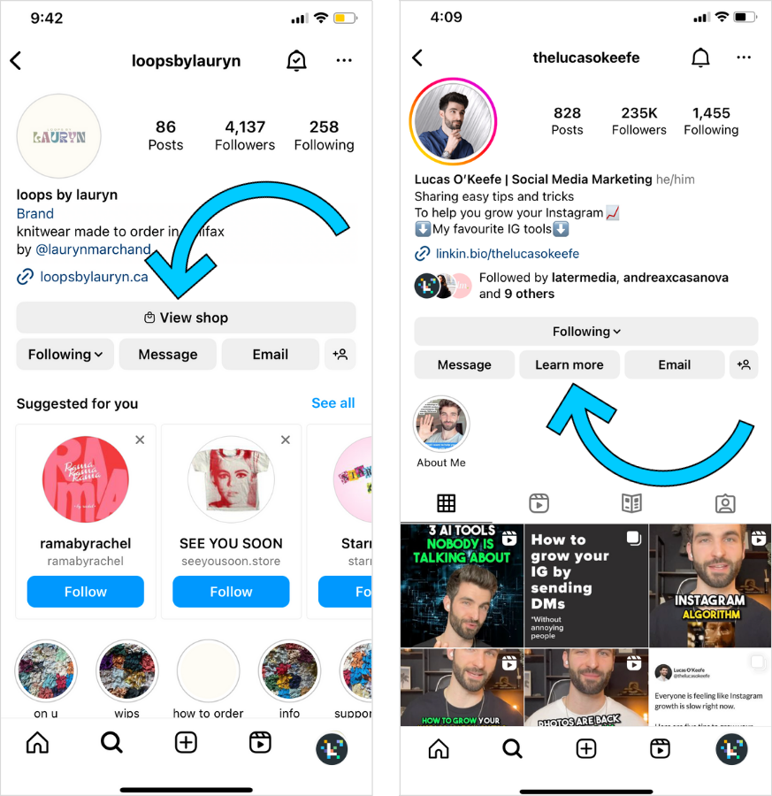 Creators using View Shop and Learn More CTA buttons in their Instagram bios