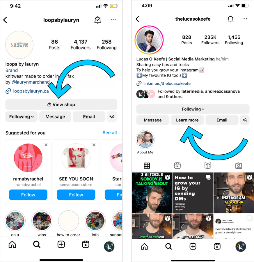 Screenshot x2 of @loopsbylauryn & @thelucasokeefe Instagram bios, with arrows pointing to their CTA buttons.