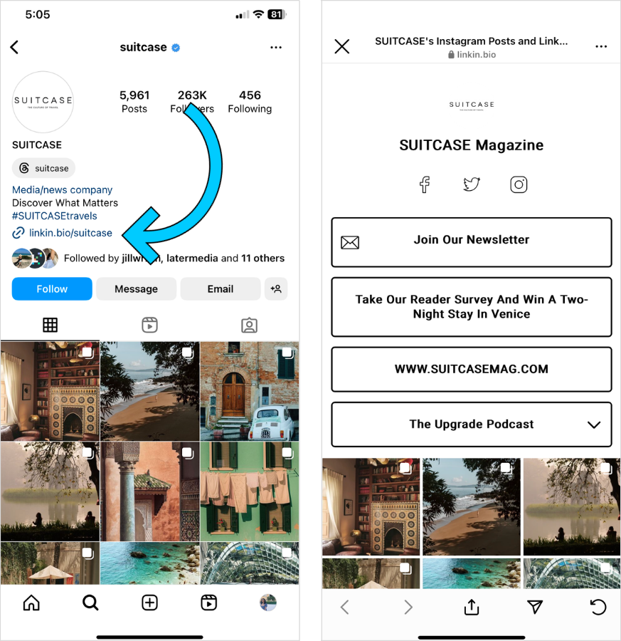 Suitcase Mag's Link in bio page on Instagram