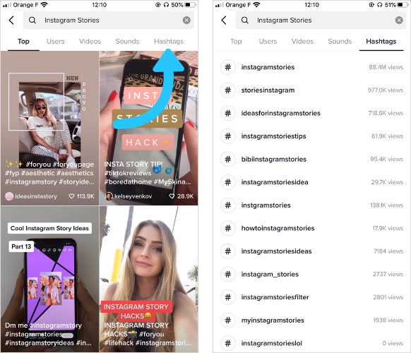 Tap Hashtag under the search bar and TikTok shows you how many views that specific hashtag has.
