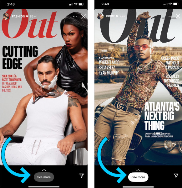 Two Instagram stories of magazine covers. Cover on the left features Scott Studenberg getting his face shaved by drag queen Shea Coulee while he sits on a chair. Cover on the right features rapper Damez posing in front of a car.