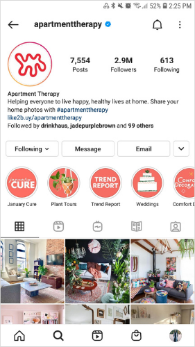 Apartment Therapy has branded hashtag apartment therapy in their Instagram bio