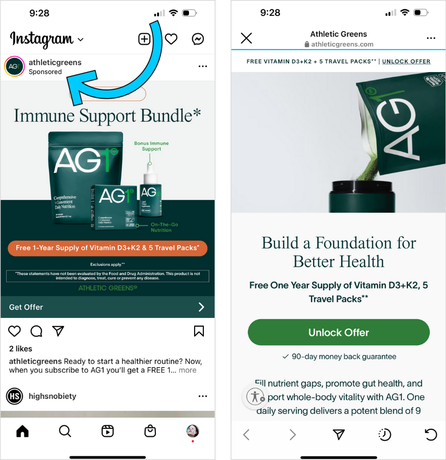 Instagram marketing trends - boosted content example from the brand athletic greens 