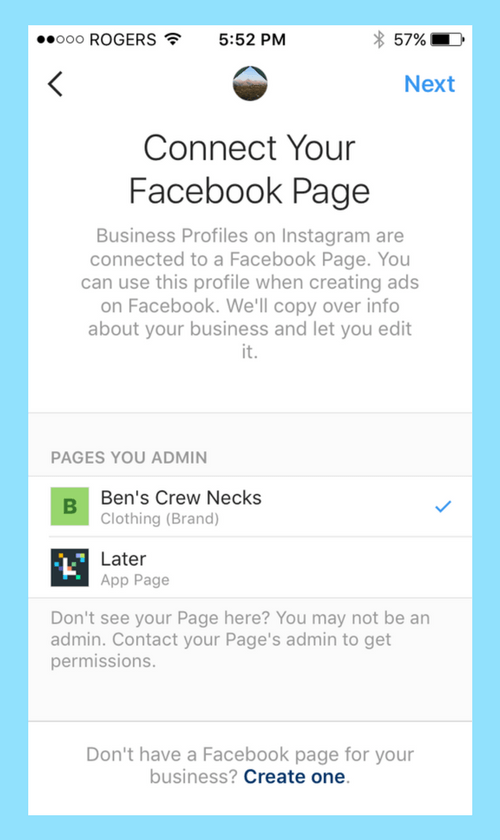 Once the correct Facebook Page appears, select it and tap Next.