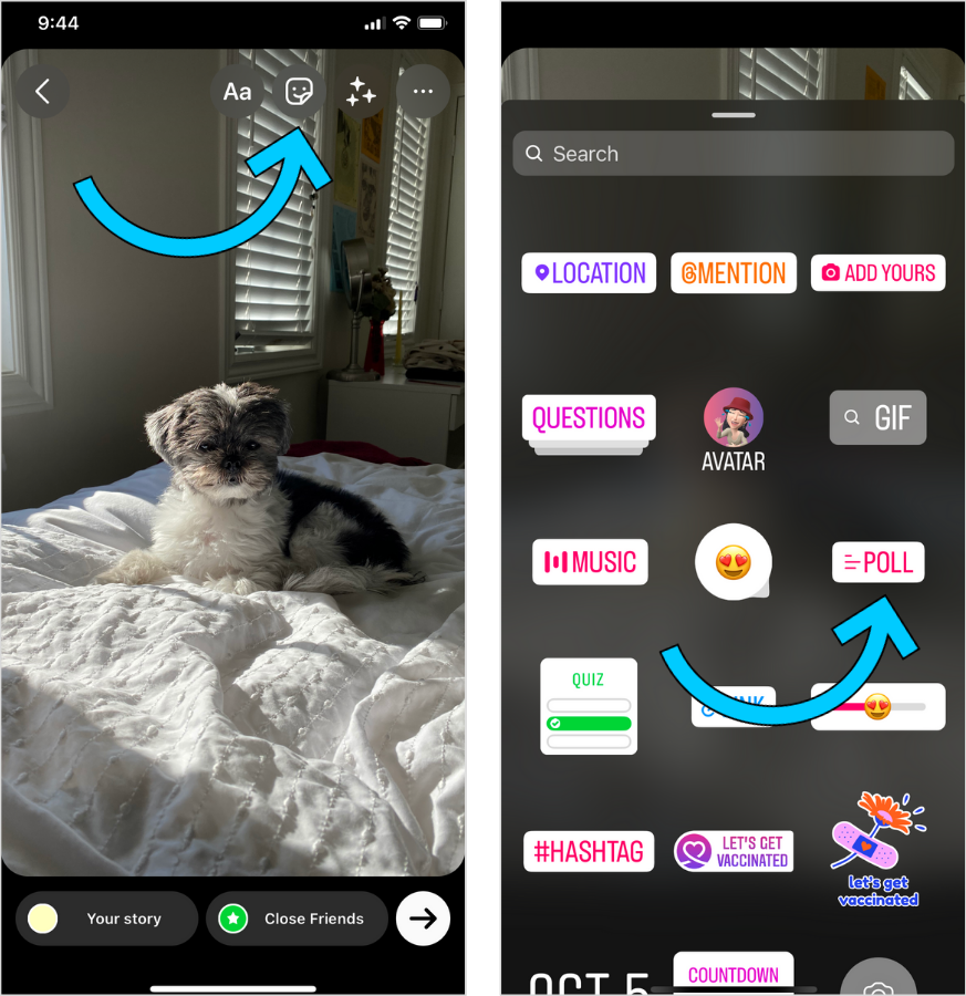 Side by side showing how to add a poll sticker to Instagram Stories. 