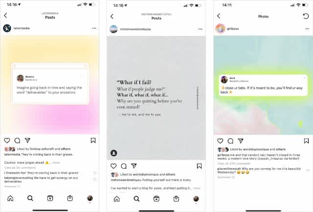 Three examples of quote graphics on Instagram