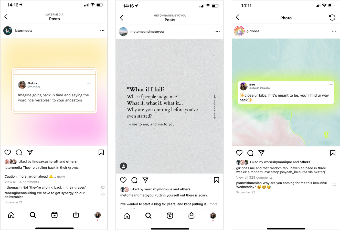 Three examples of quote graphics on Instagram