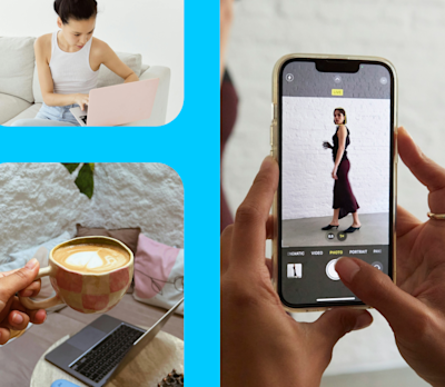 Screenshots of influencer content on a blue background
