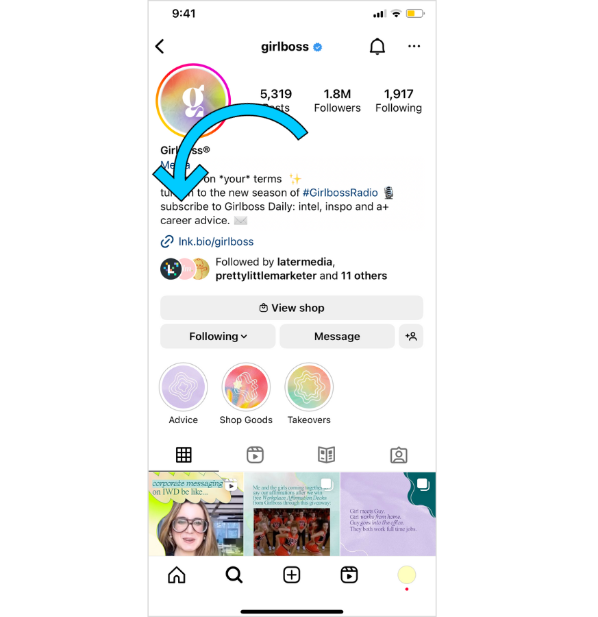 Screenshot of Girlboss' Instagram bio with an arrow pointing to their CTA.