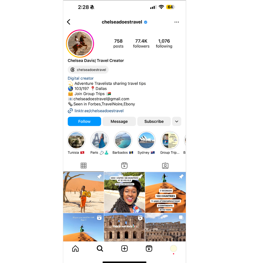 @chelseadoestravel Instagram profile. 