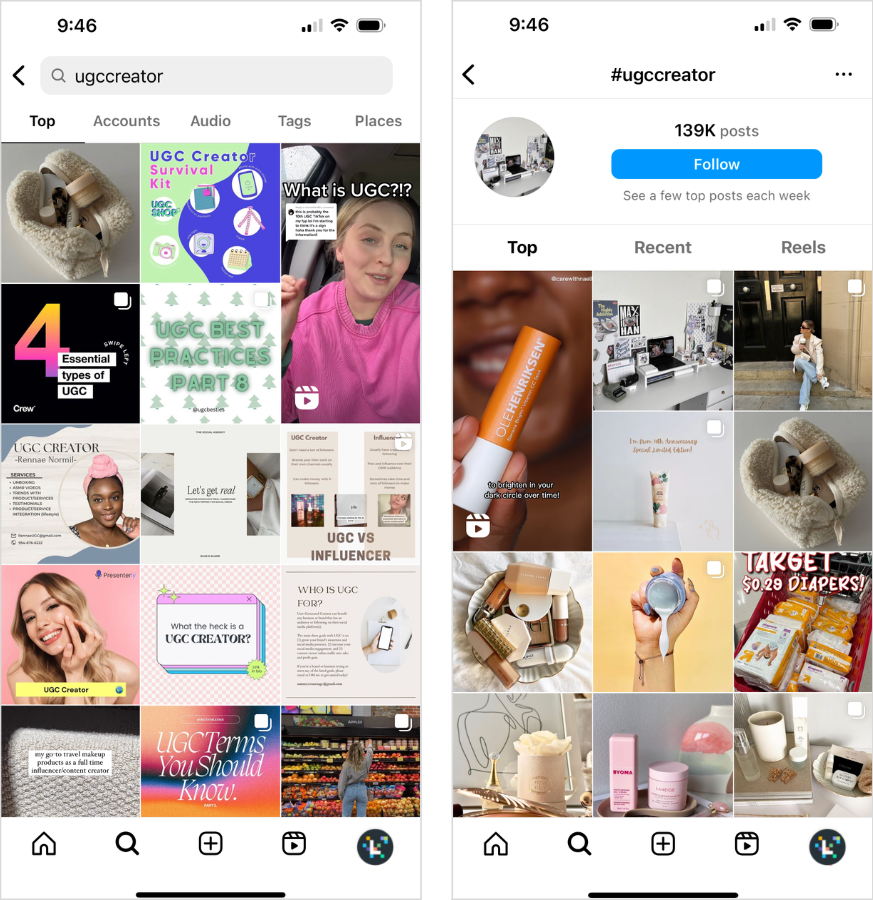UGC creator hashtag search results on TikTok and Instagram
