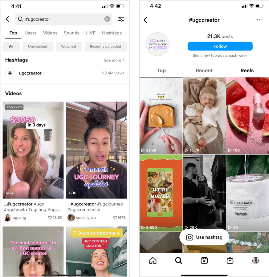 UGC creator hashtag search results on TikTok and Instagram