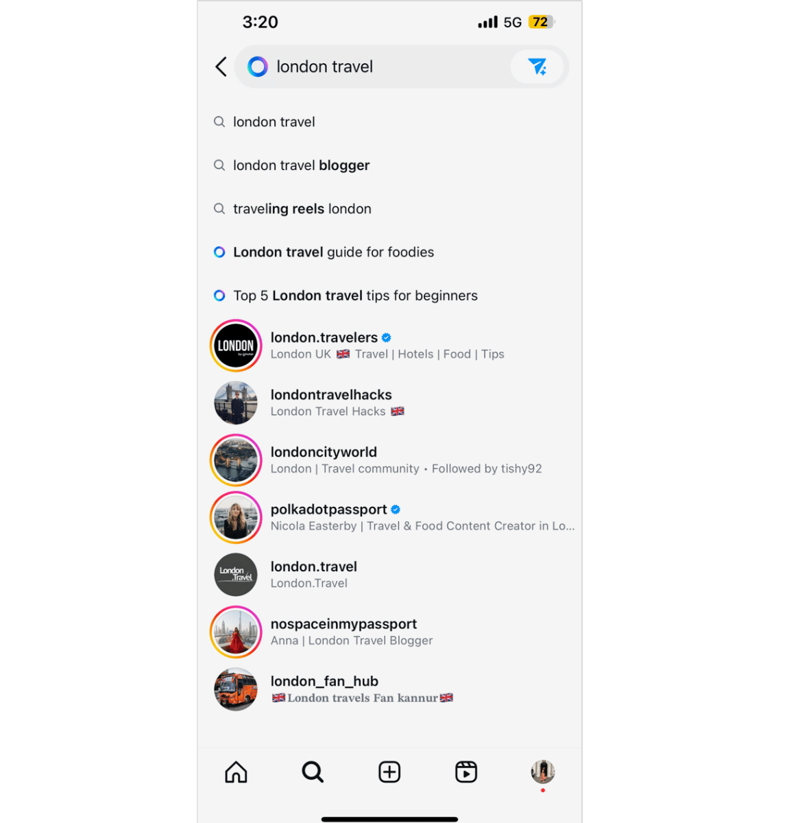 Instagram search results page for London Travel with recommended topics and profiles